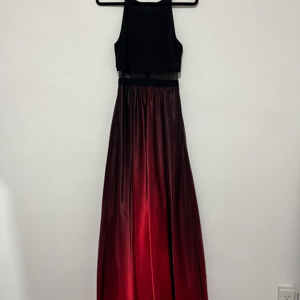 Two-Tone Black & Red Sleeveless Maxi Gown With Sheer Mesh Waist Detail And Gradi - Picture 2 of 15